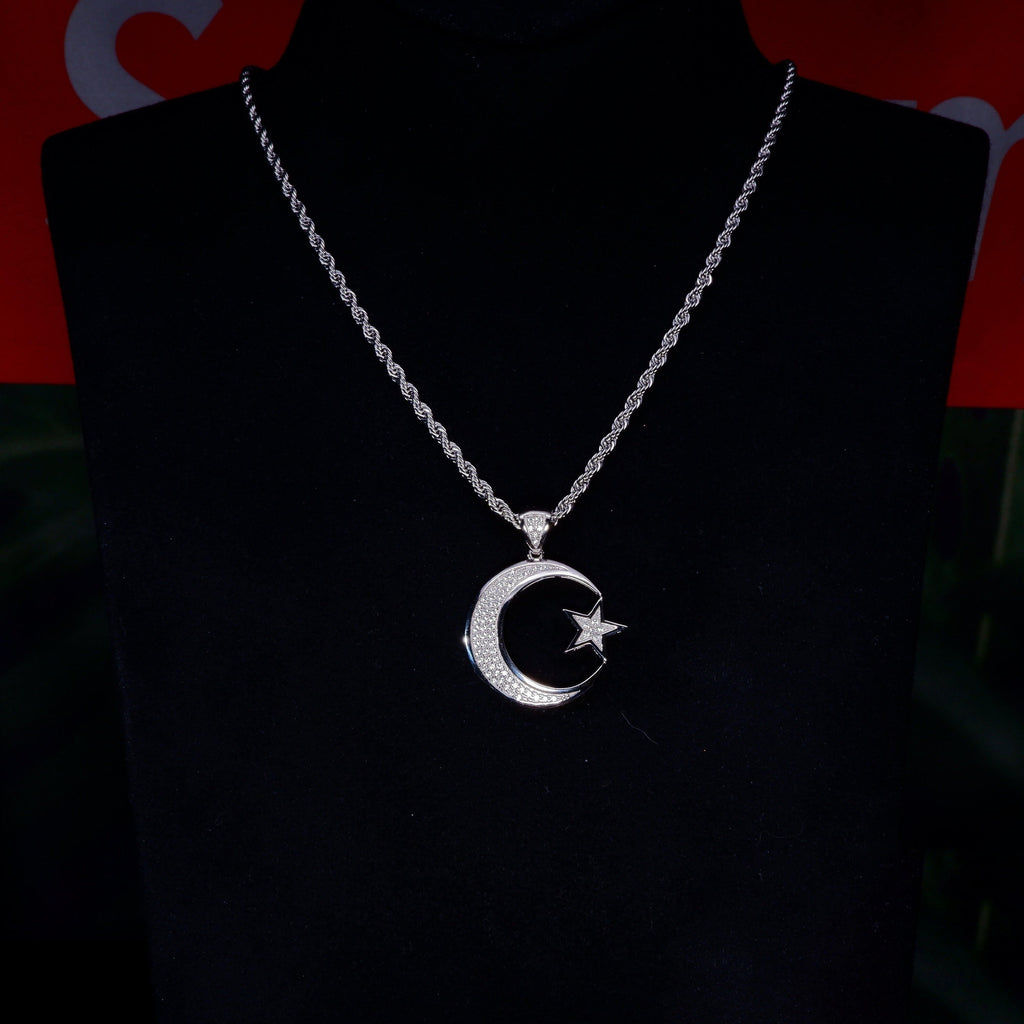 S925 Silver Diamond Moon & Star BlingBling Iced  Pendant In WhiteGold-Plated