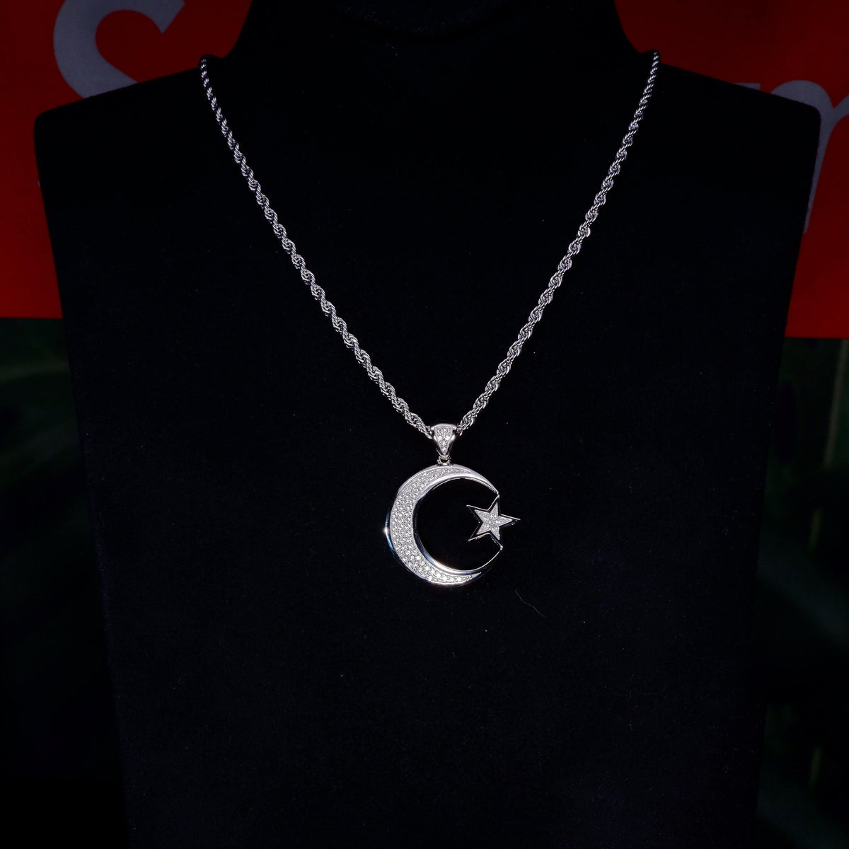 S925 Silver Diamond Moon & Star BlingBling Iced  Pendant In WhiteGold-Plated