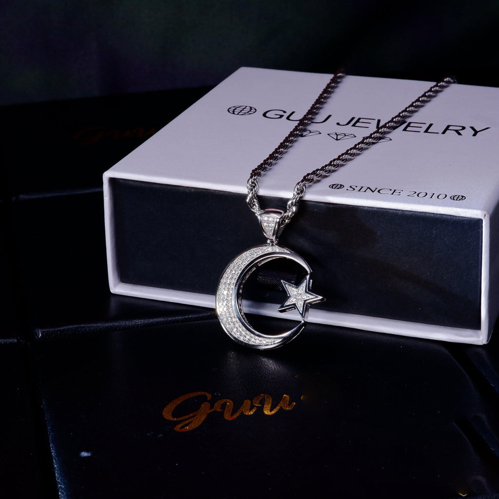 S925 Silver Diamond Moon & Star BlingBling Iced  Pendant In WhiteGold-Plated