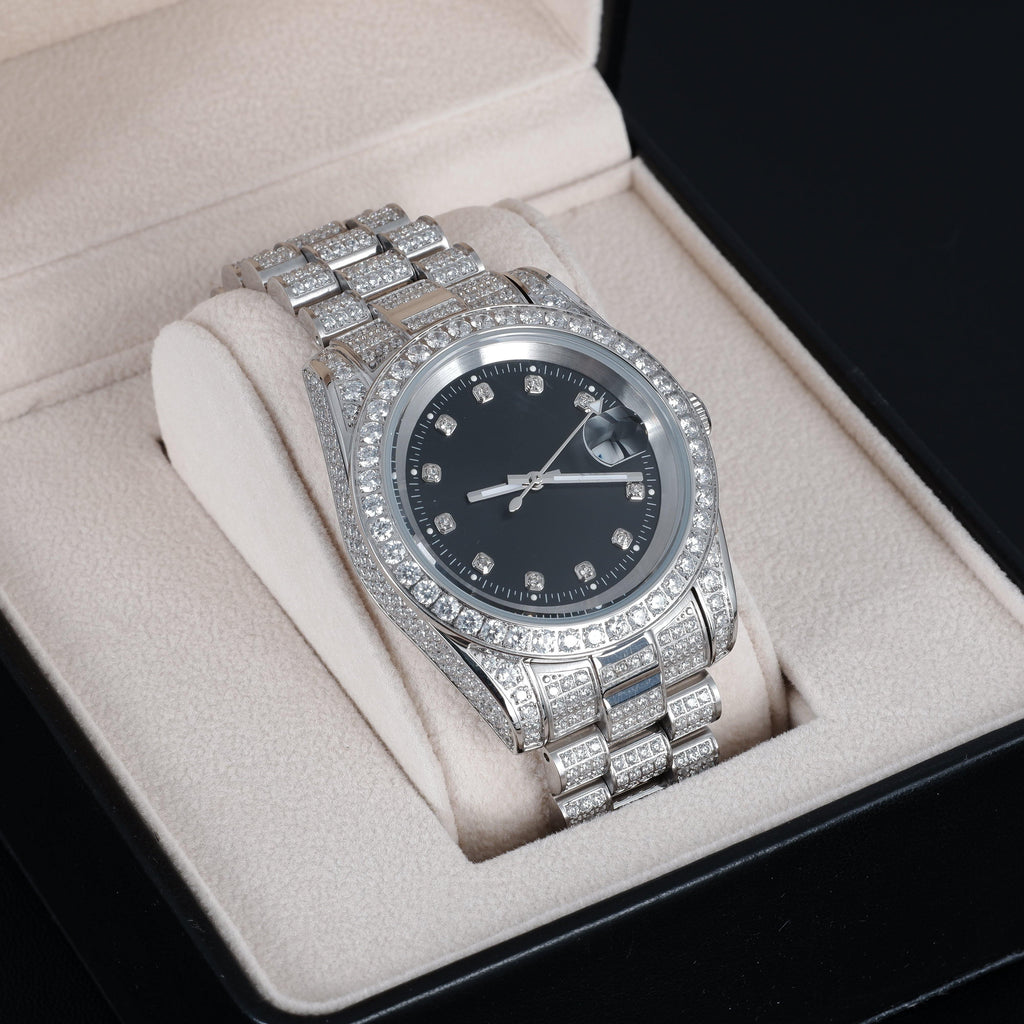 GUU Iced Watch Black Dial in WhiteGold