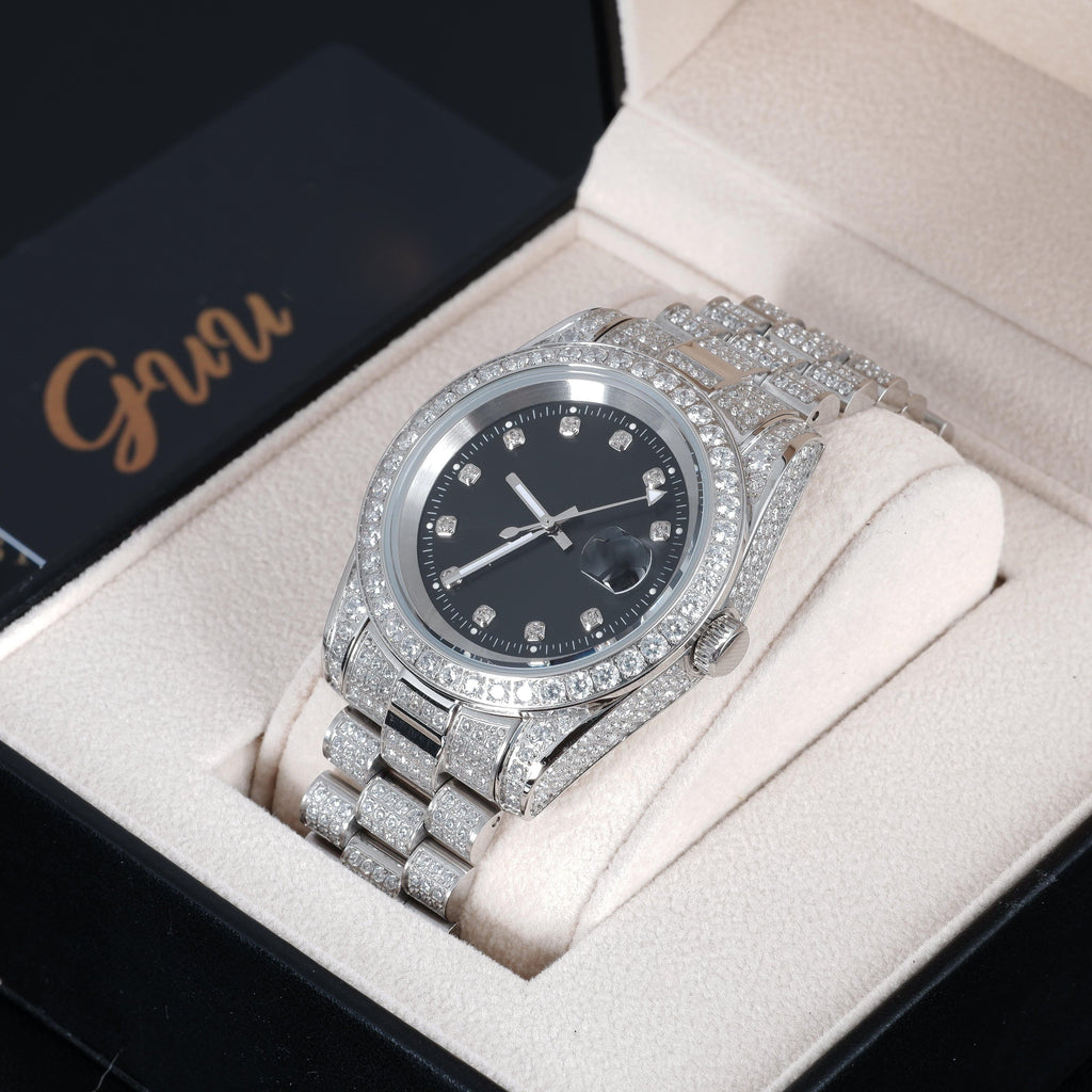 GUU Iced Watch Black Dial in WhiteGold