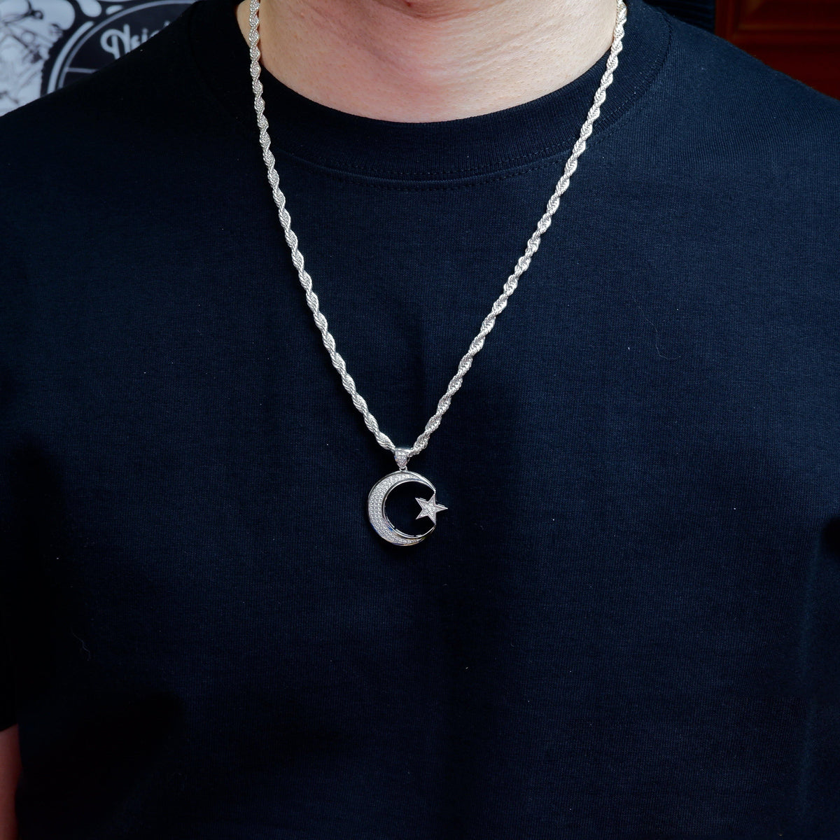 S925 Silver Diamond Moon & Star BlingBling Iced  Pendant In WhiteGold-Plated