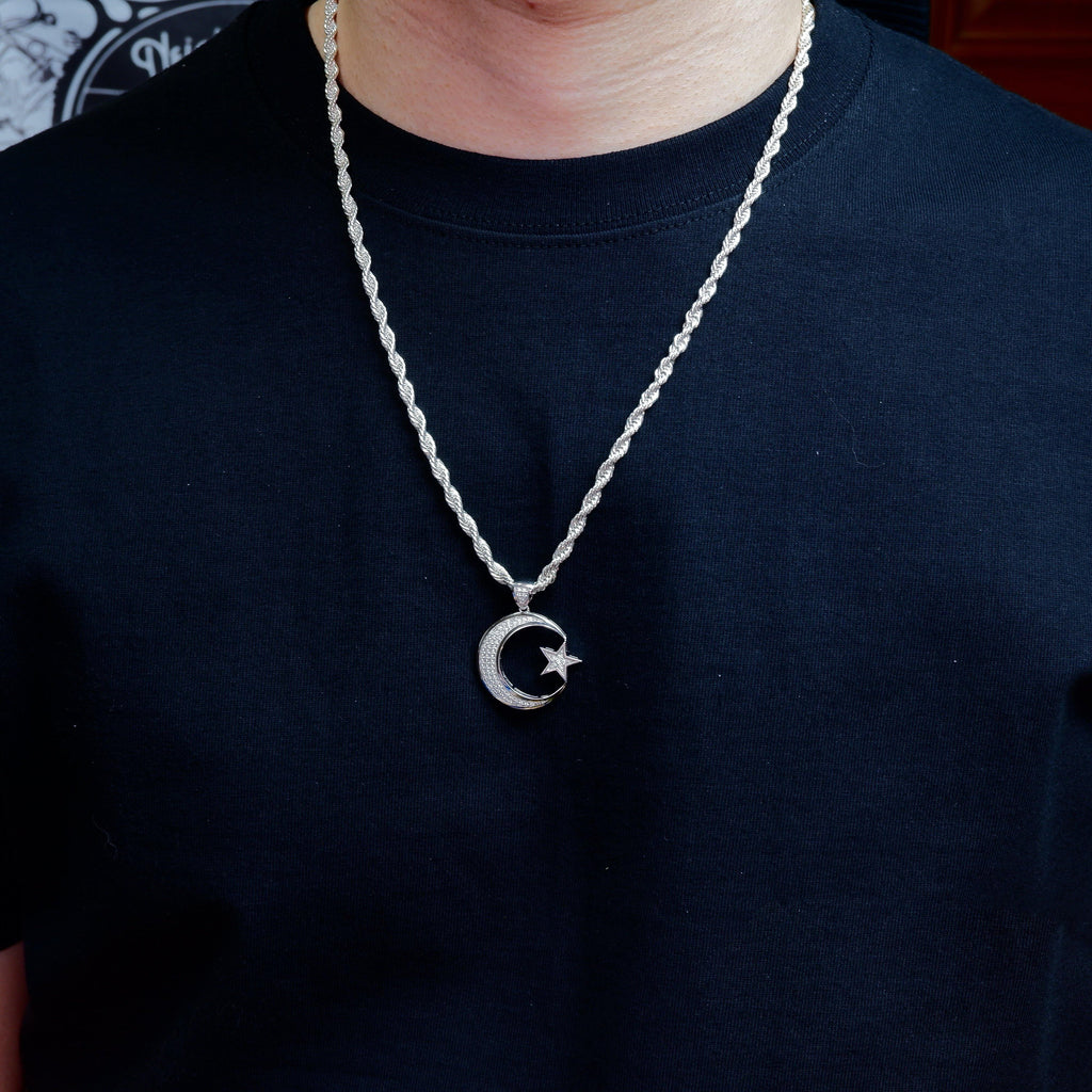 S925 Silver Diamond Moon & Star BlingBling Iced  Pendant In WhiteGold-Plated