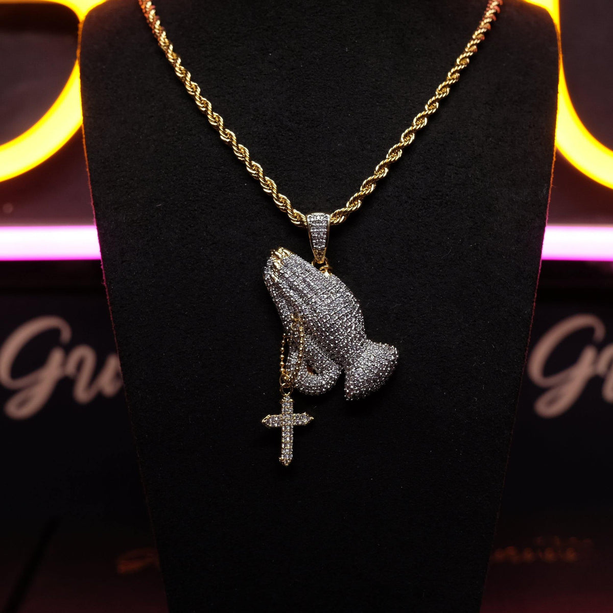 Iced Two-tone Prayer Gesture Cross Hip Hop Pendant Jewelry