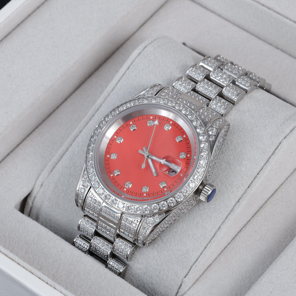 GUU Iced Watch Red Dial in WhiteGold