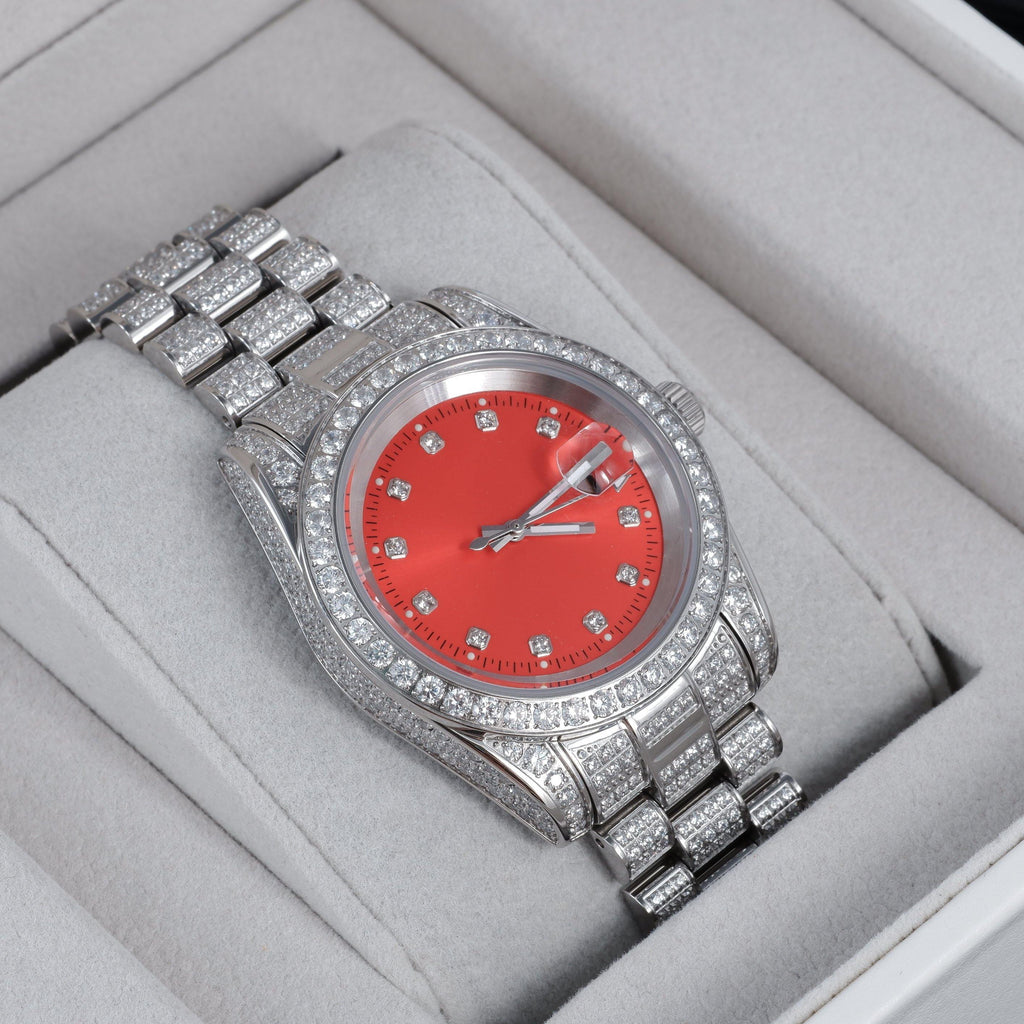 GUU Iced Watch Red Dial in WhiteGold