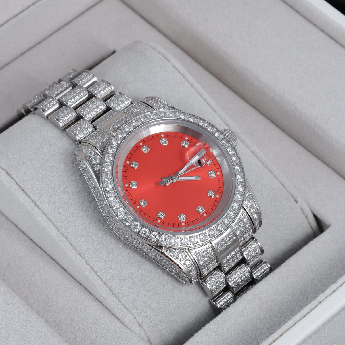 GUU Iced Watch Red Dial in WhiteGold