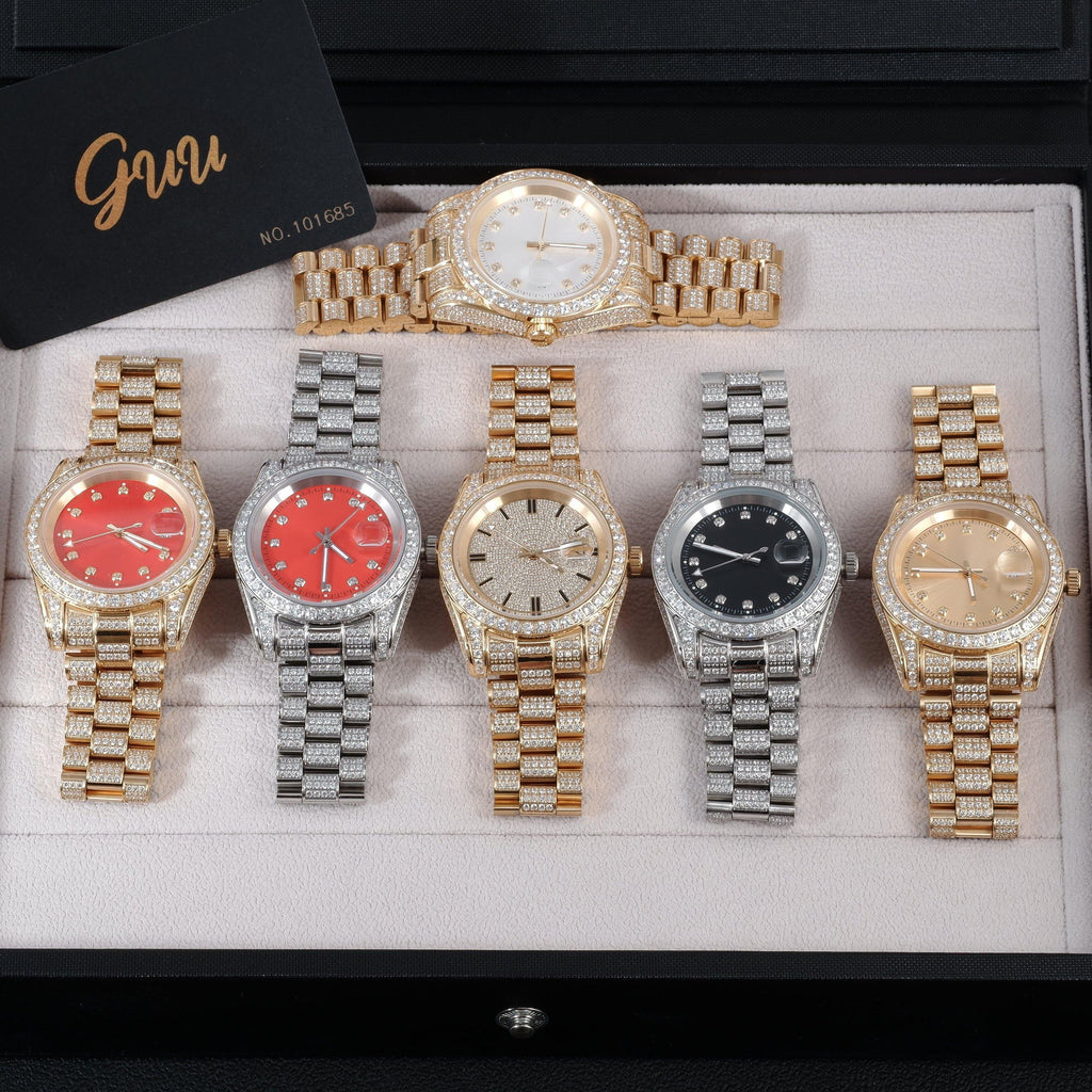 GUU Iced Watch Red Dial in WhiteGold
