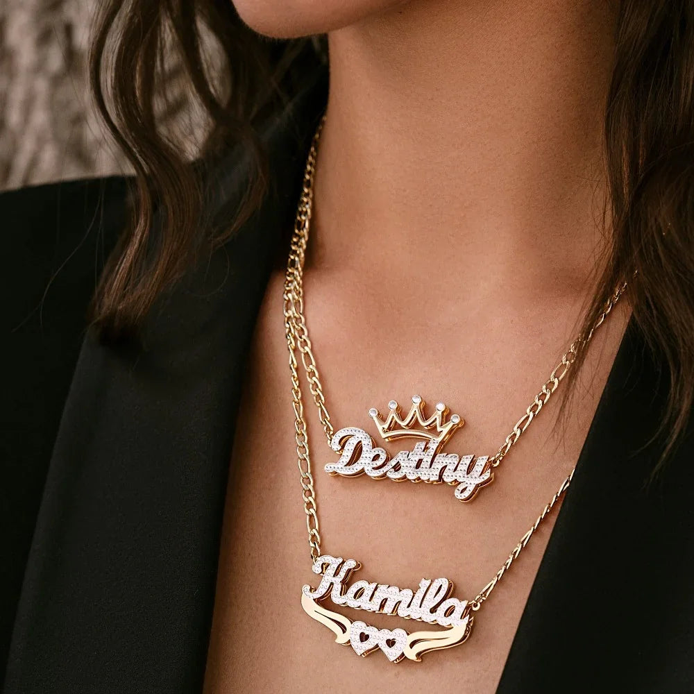 Double Plated Hearts Name Necklace w/ Figaro Chain