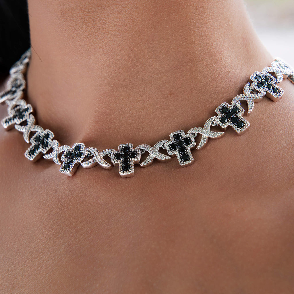 Diamond Multi Cross Black Necklace in White Gold