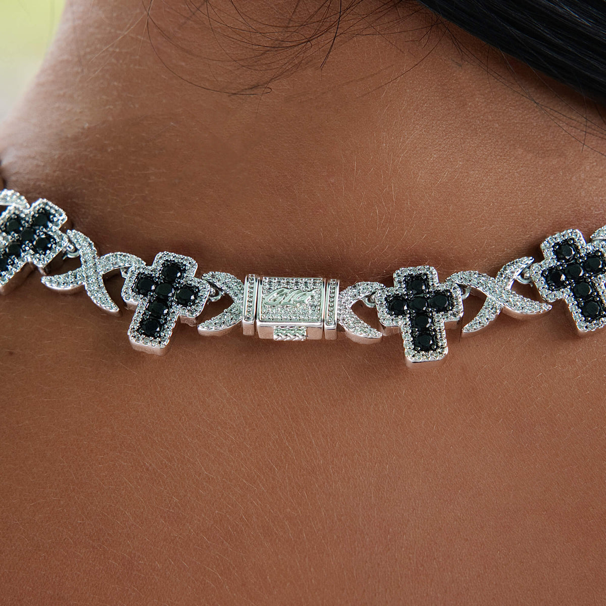 Diamond Multi Cross Black Necklace in White Gold