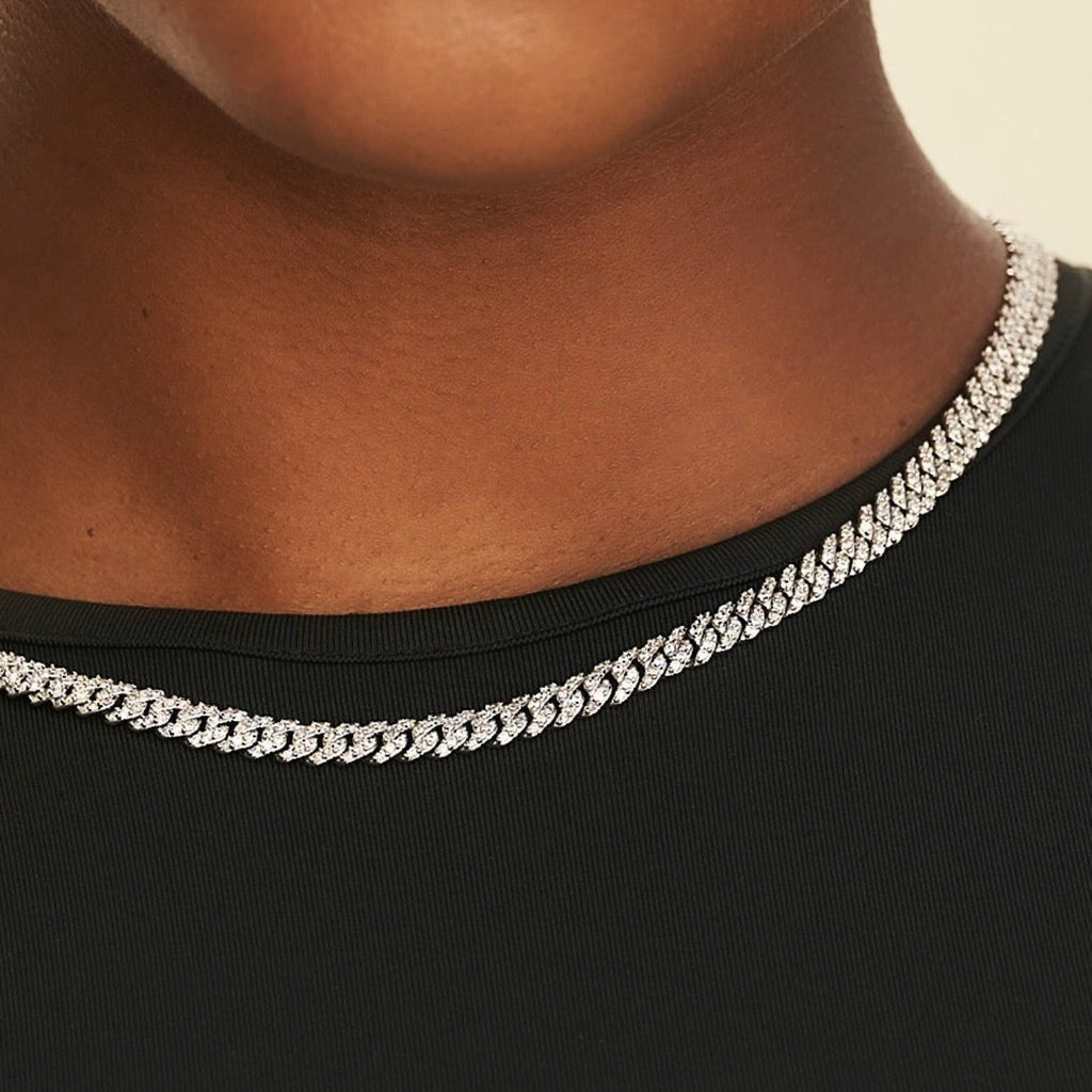 GLD Micro Diamond Prong Cuban Necklace in White Gold - 6mm