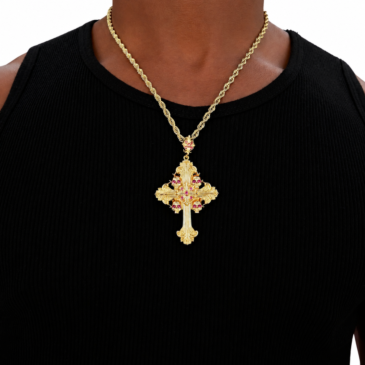Medieval Cross Ruby Stones Pendant in Yellow Gold