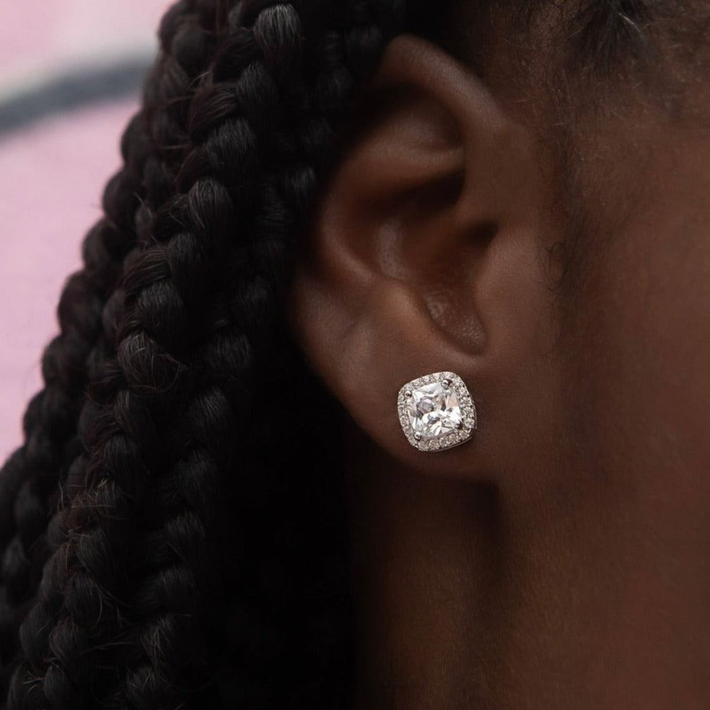 GLD Cushion Cut Earrings in White Gold