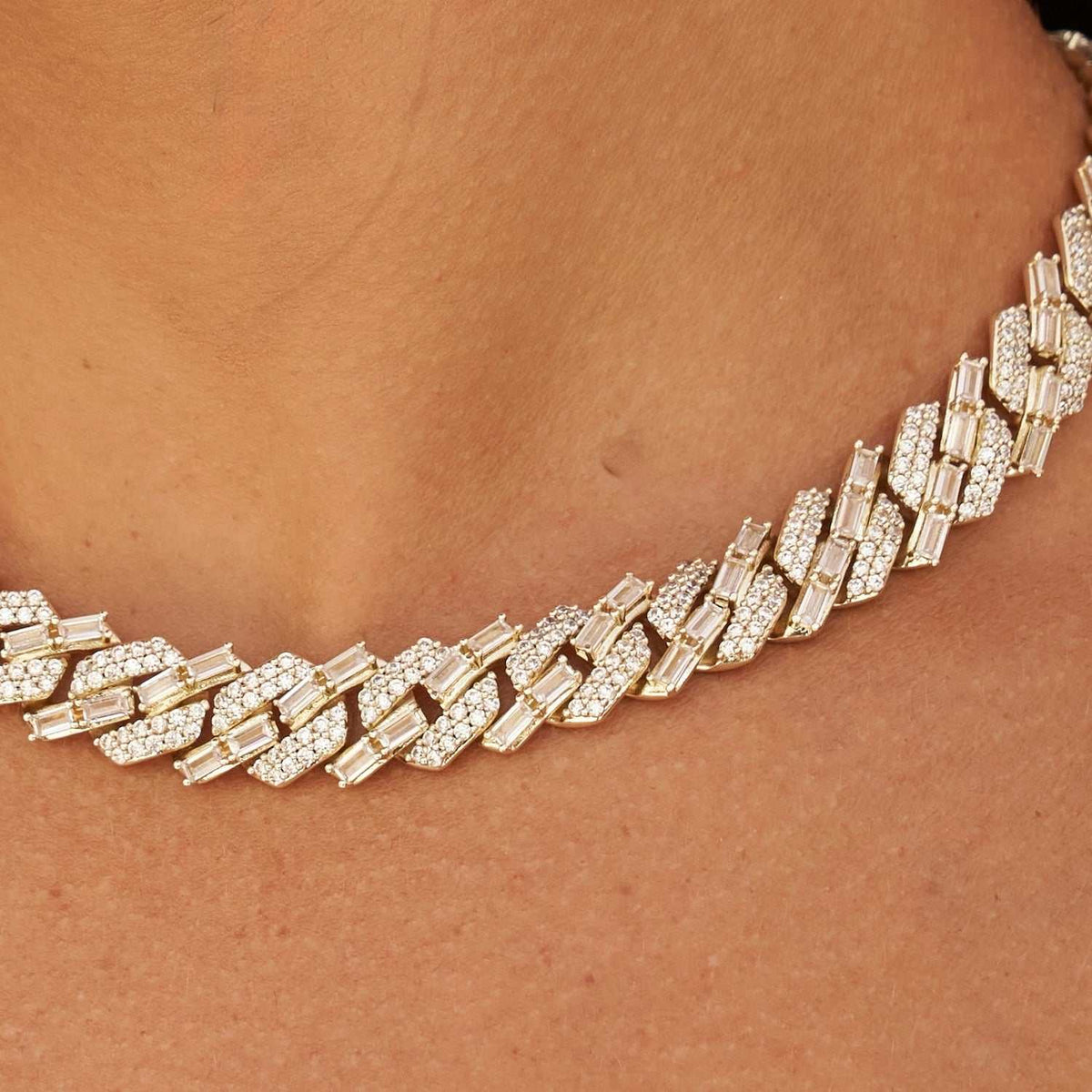 12mm Mixed Stone Diamond Cuban Necklace - Yellow Gold
