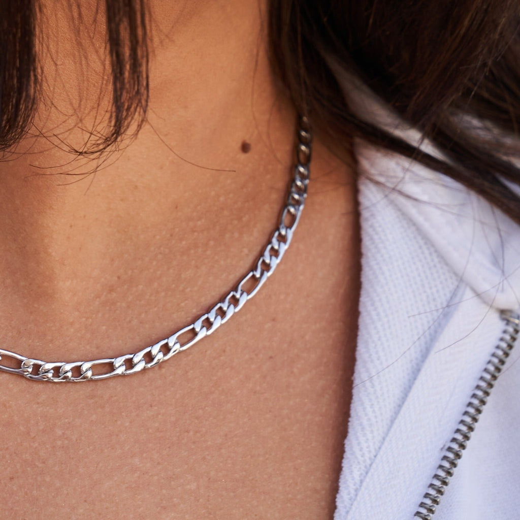 Solid Gold Figaro Link Necklace in White Gold - 4mm