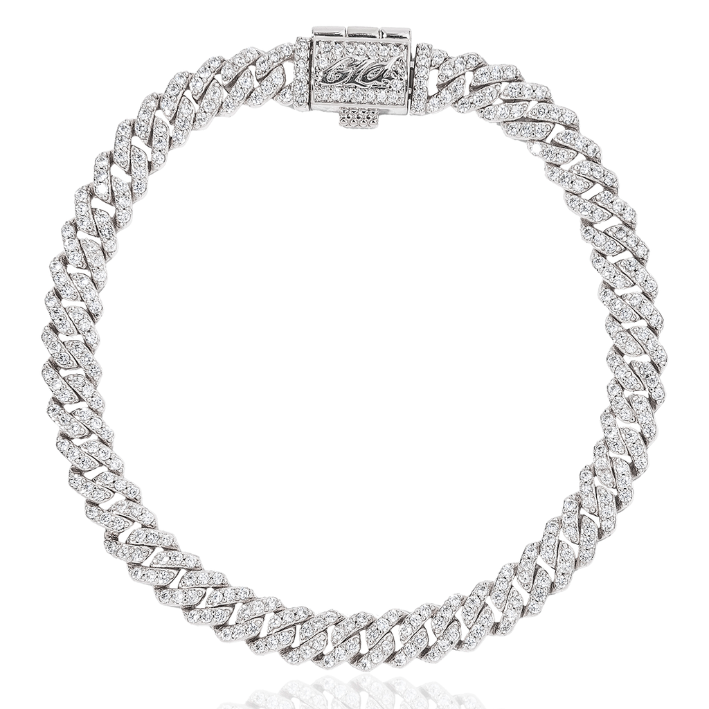 GLD Micro Diamond Prong Cuban Bracelet in White Gold - 6mm
