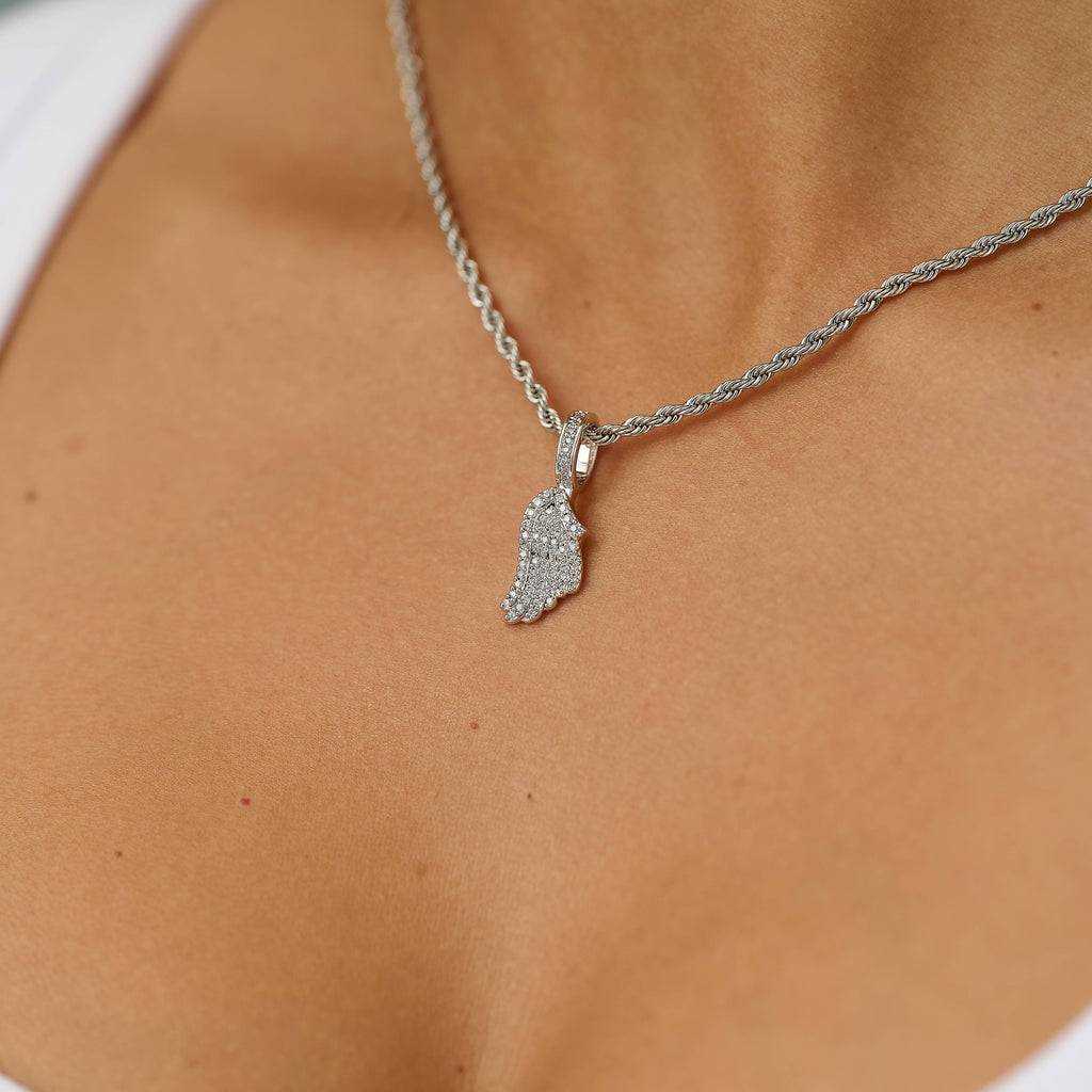 Micro Iced Angel Wing Pendant in White Gold