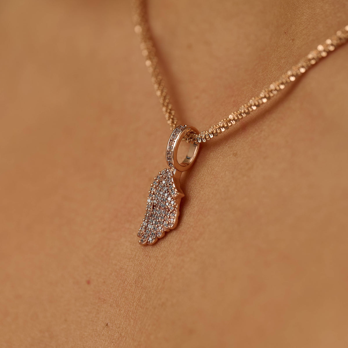 Micro Iced Angel Wing Pendant in Rose Gold