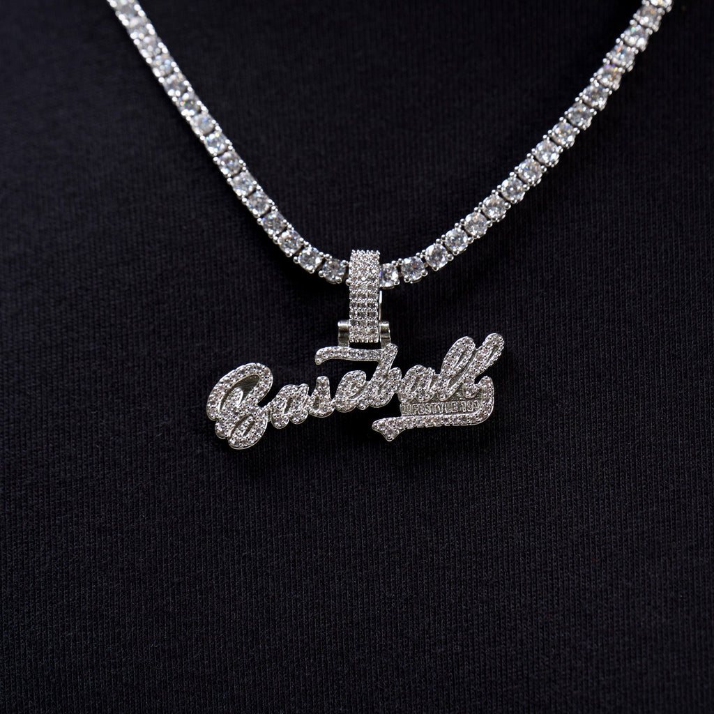 Baseball Lifestyle 101 Iced Wordmark Pendant in White Gold
