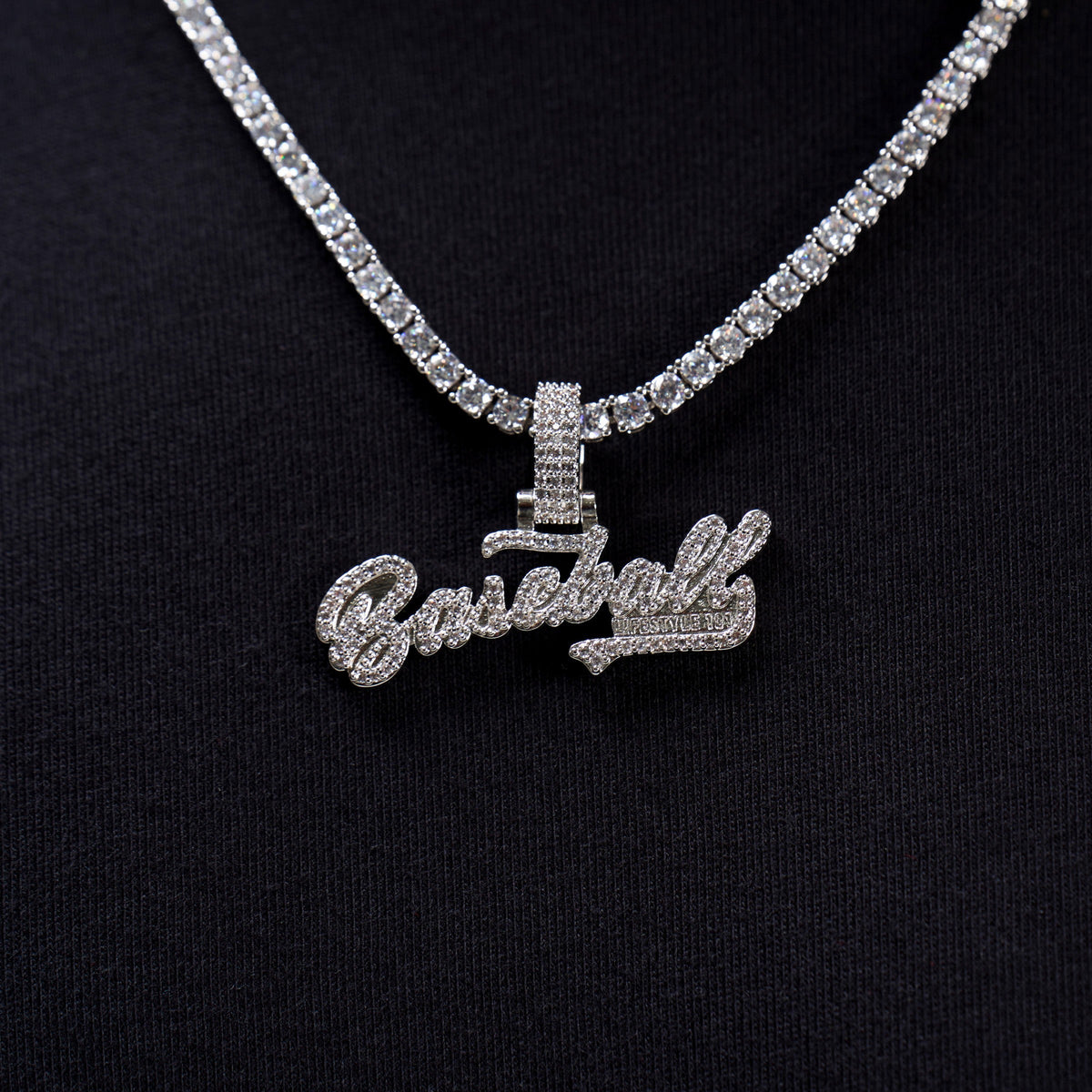 Baseball Lifestyle 101 Iced Wordmark Pendant in White Gold