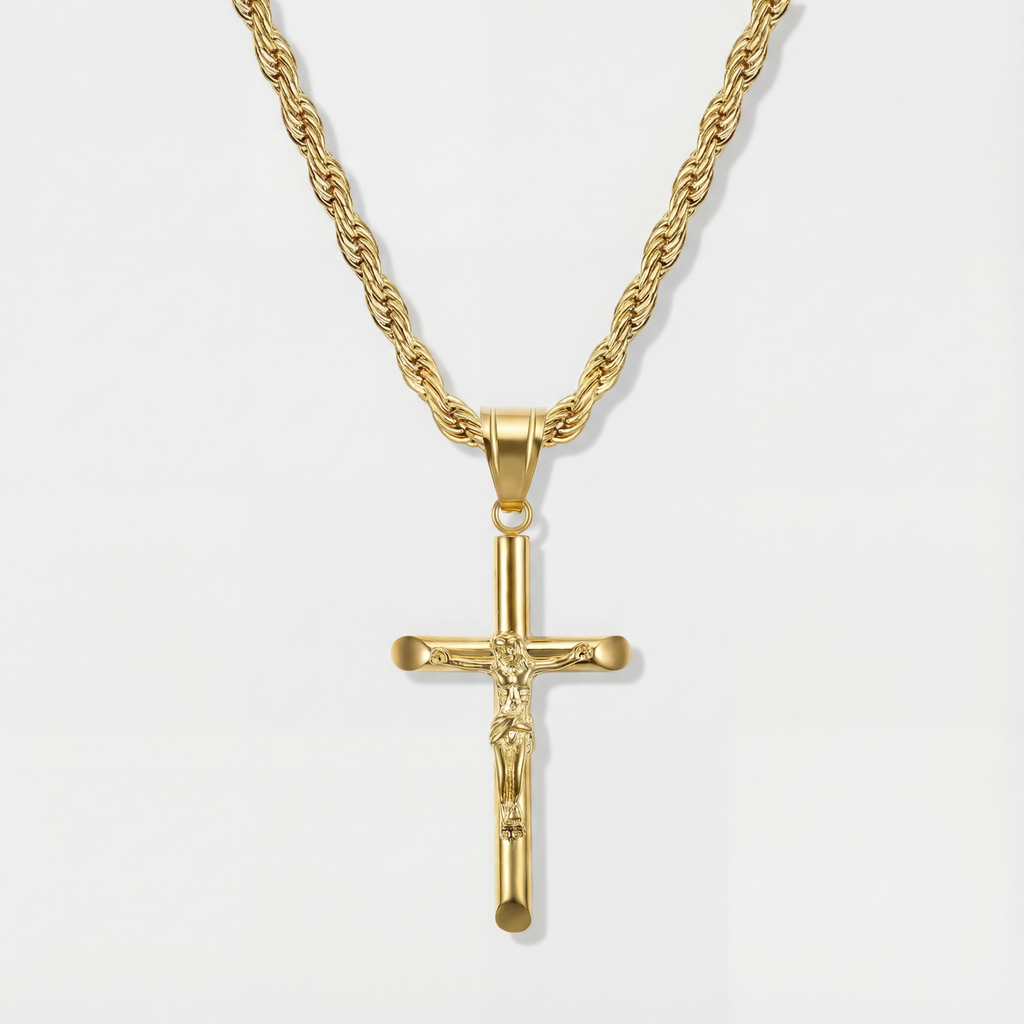 Rope Chain 4mm + Crucifix Pendant (Gold)