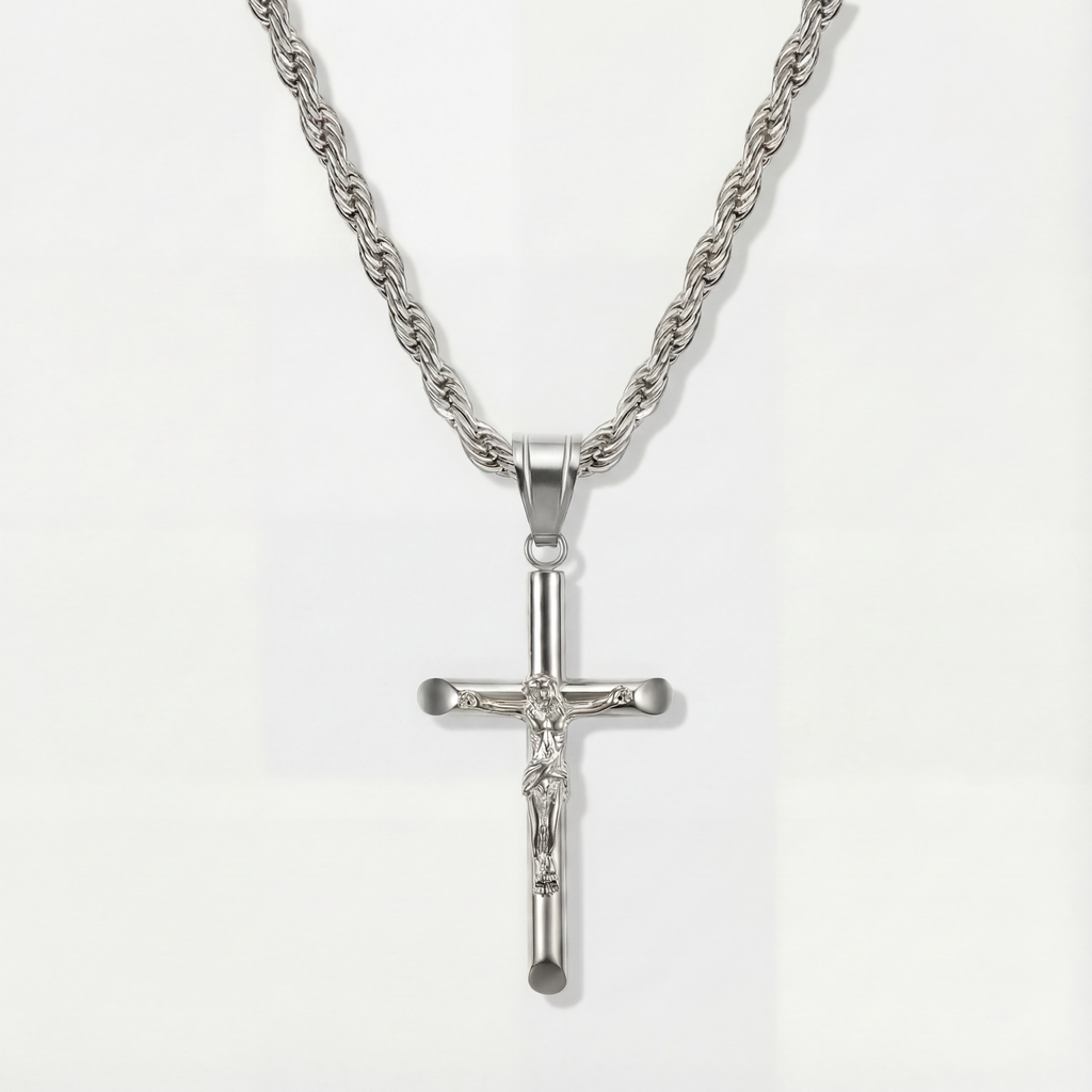 Rope Chain 4mm + Crucifix Pendant (Silver)
