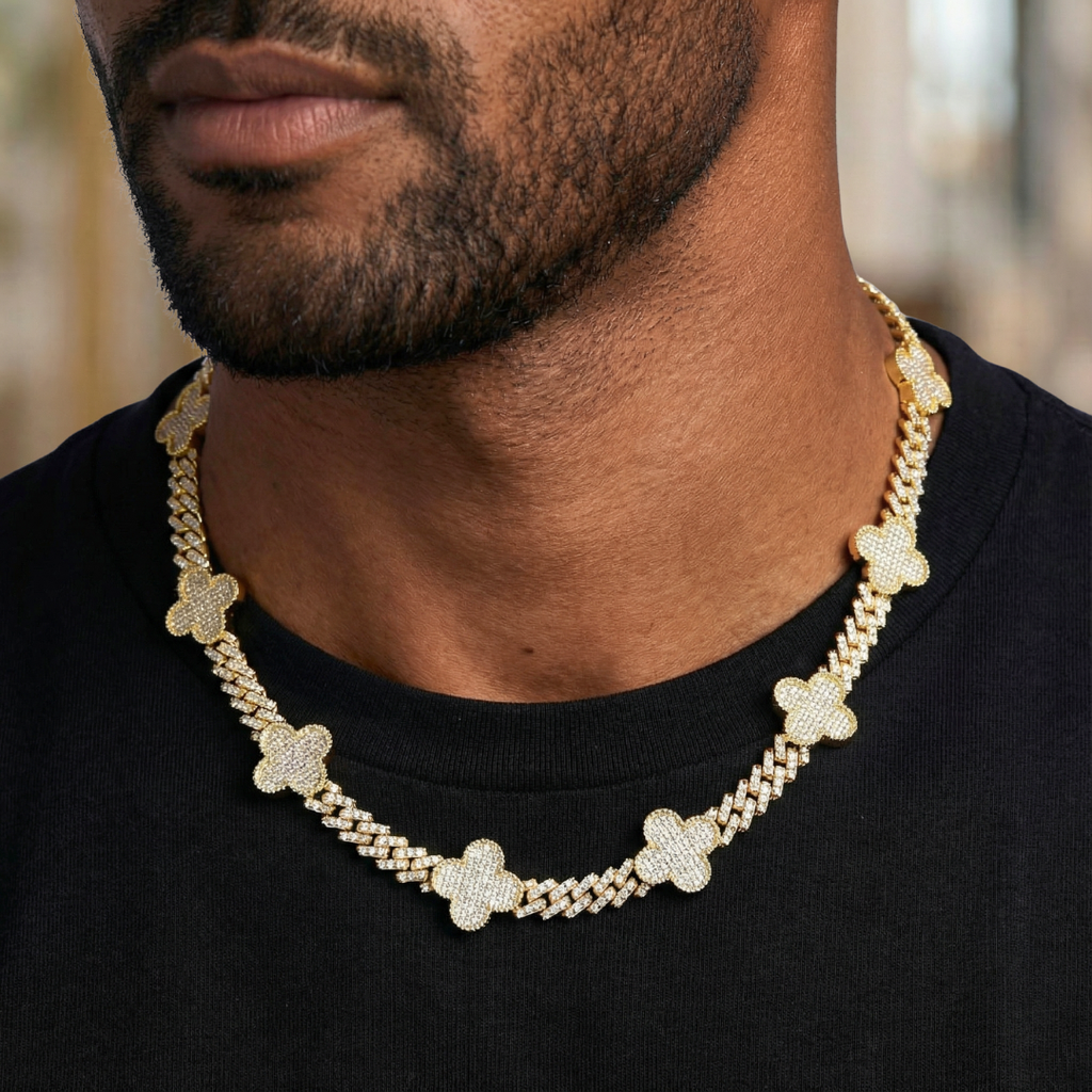 Clover Iced Prong Cuban Chain + Bracelet (Gold) - 8mm