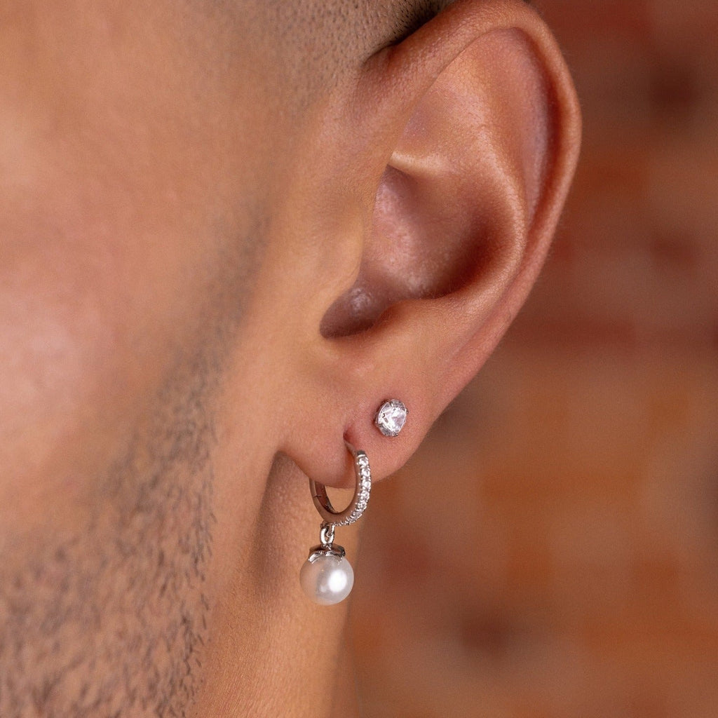 Pave Extra Small Huggie Hoop Pearl Drop Earrings in White Gold