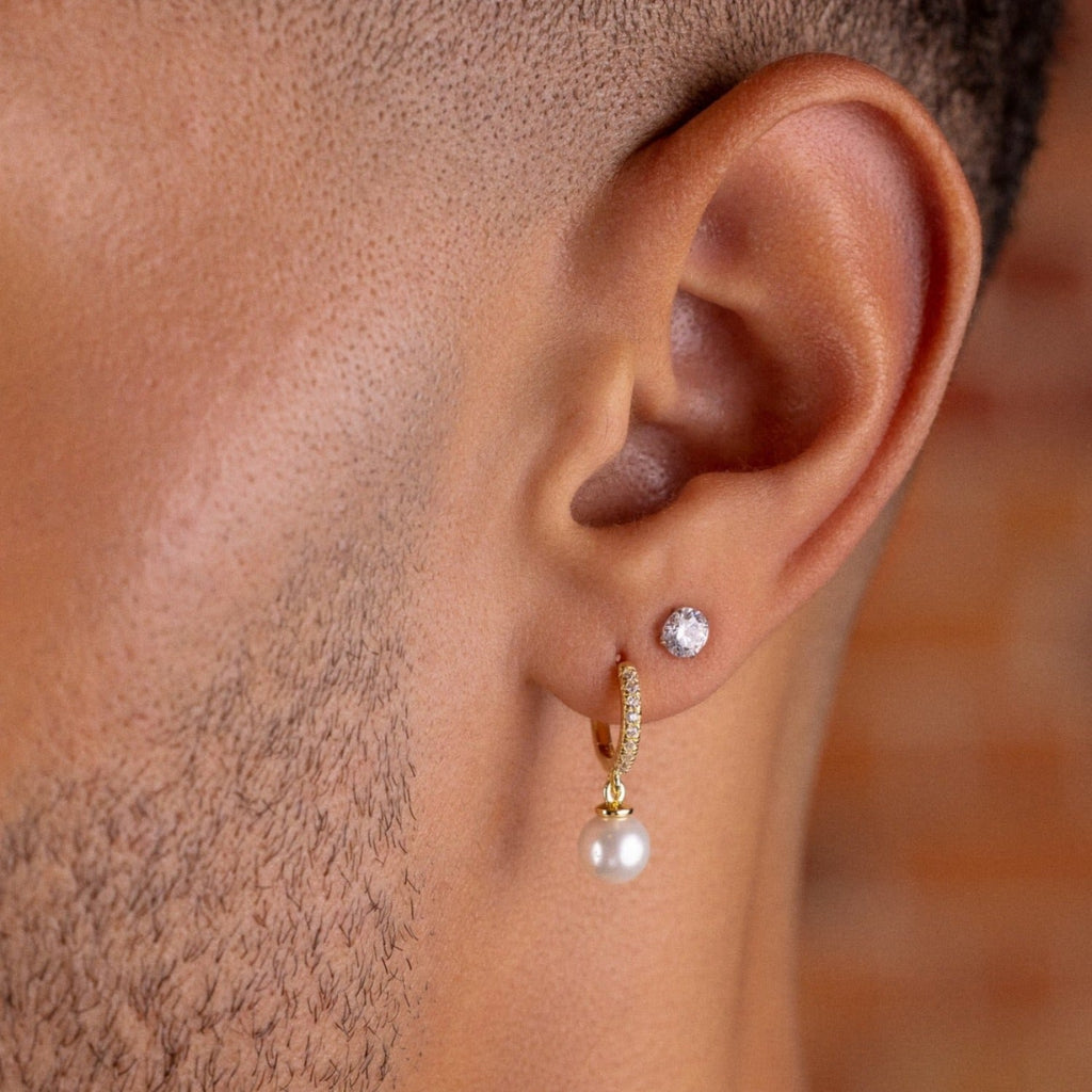 GLD Pave Extra Small Huggie Hoop Pearl Drop Earrings in Yellow Gold