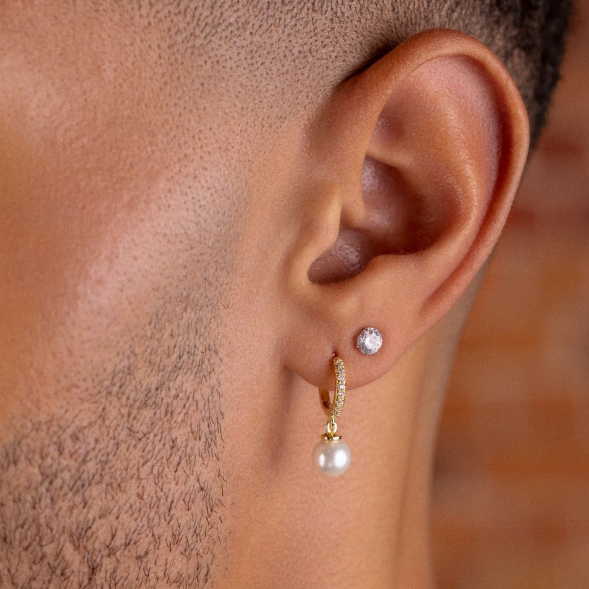 GLD Pave Extra Small Huggie Hoop Pearl Drop Earrings in Yellow Gold