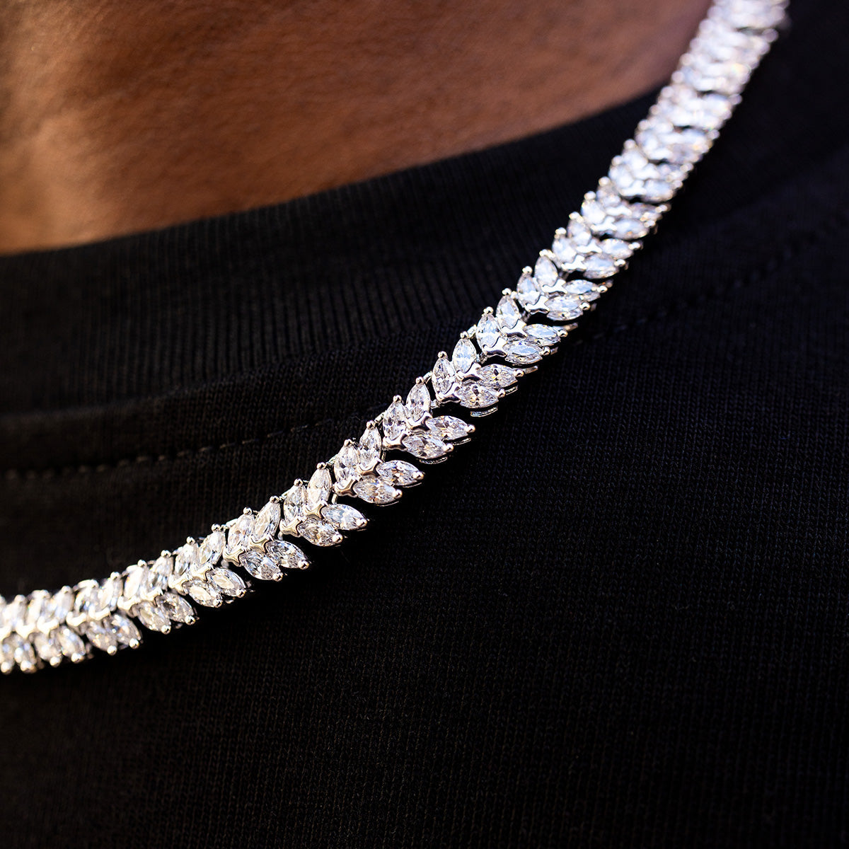 Iced Herringbone Chain in White Gold- 7mm