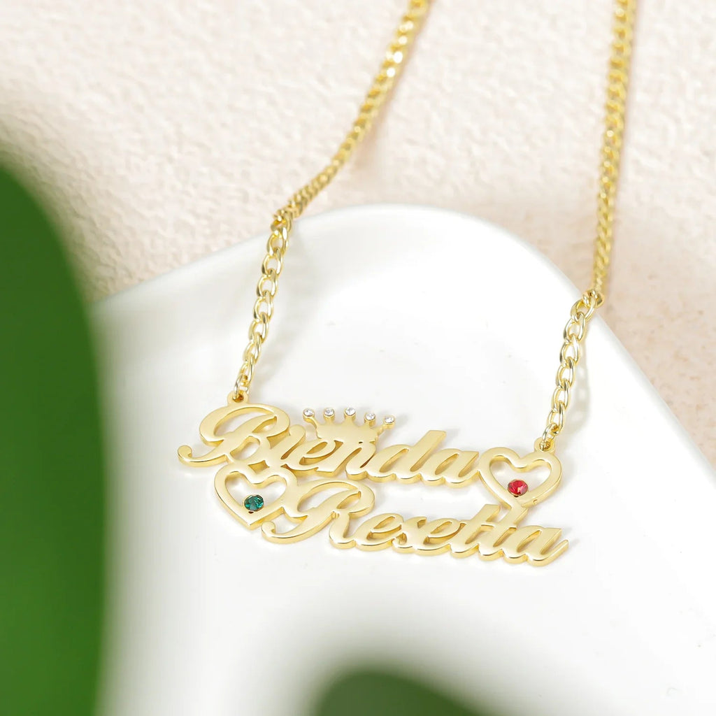 Double Heart Name Necklace w/ Cuban Chain