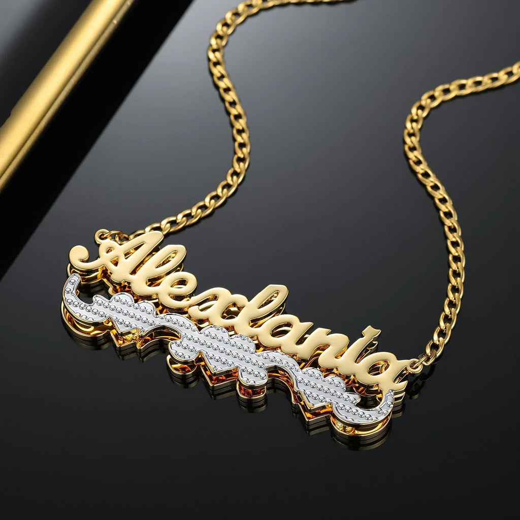 Double Plated Triple Heart Name Necklace w/ Cuban Chain