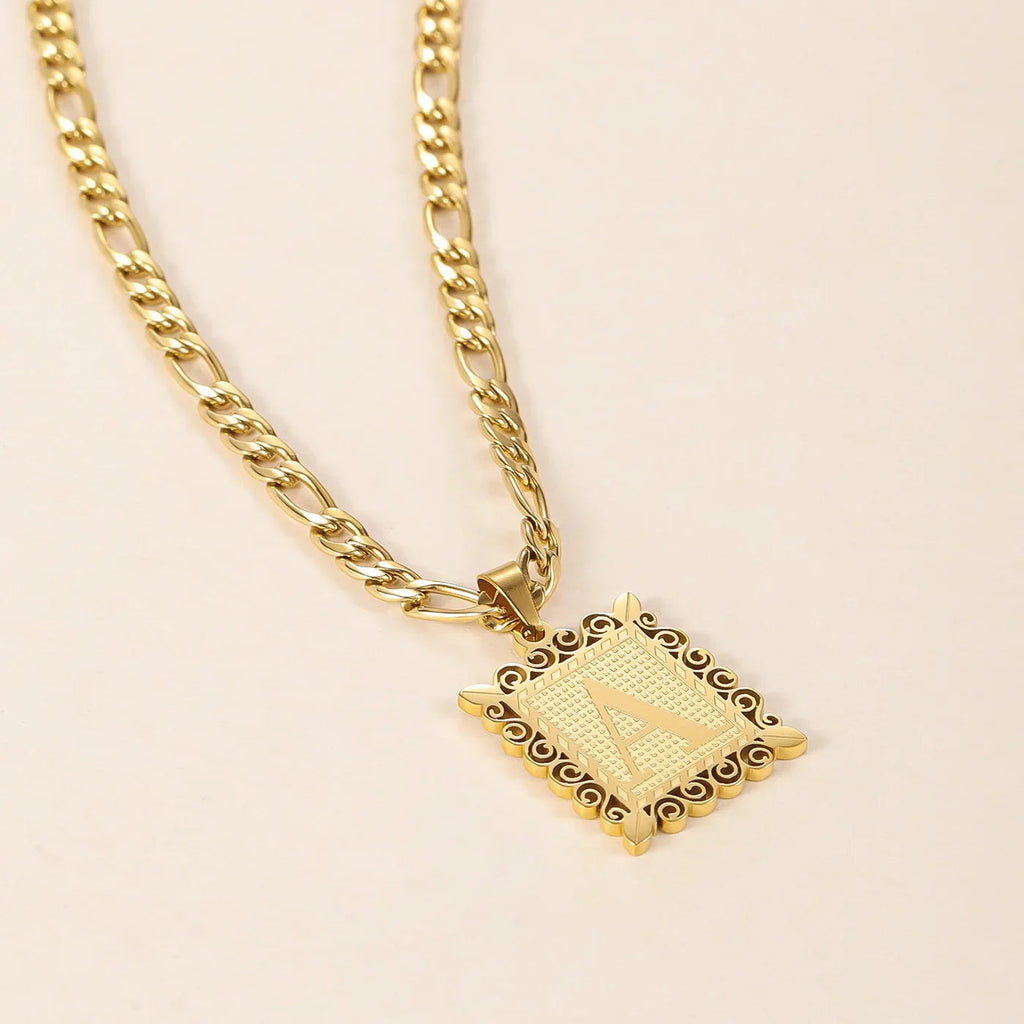 Embossed Initial Necklace w/ Figaro Chain