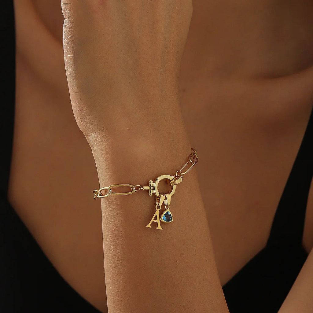 Initial Birthstone w/ Paper Clip Bracelet