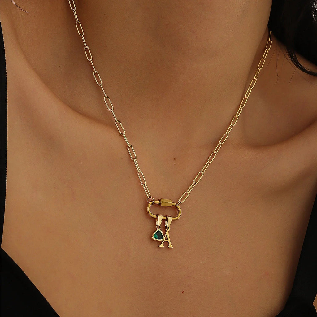 Initial Birthstone w/ Paper Clip Chain