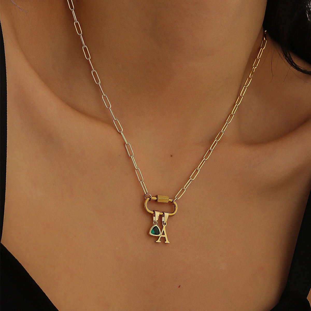 Initial Birthstone w/ Paper Clip Chain