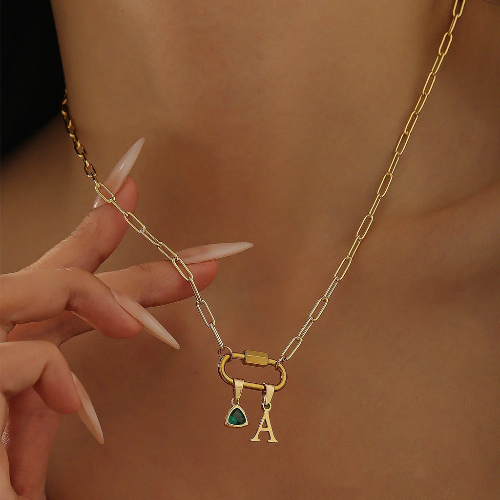 Initial Birthstone w/ Paper Clip Chain