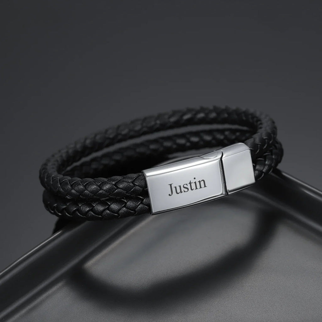 Mens Engraved Leather Bracelet
