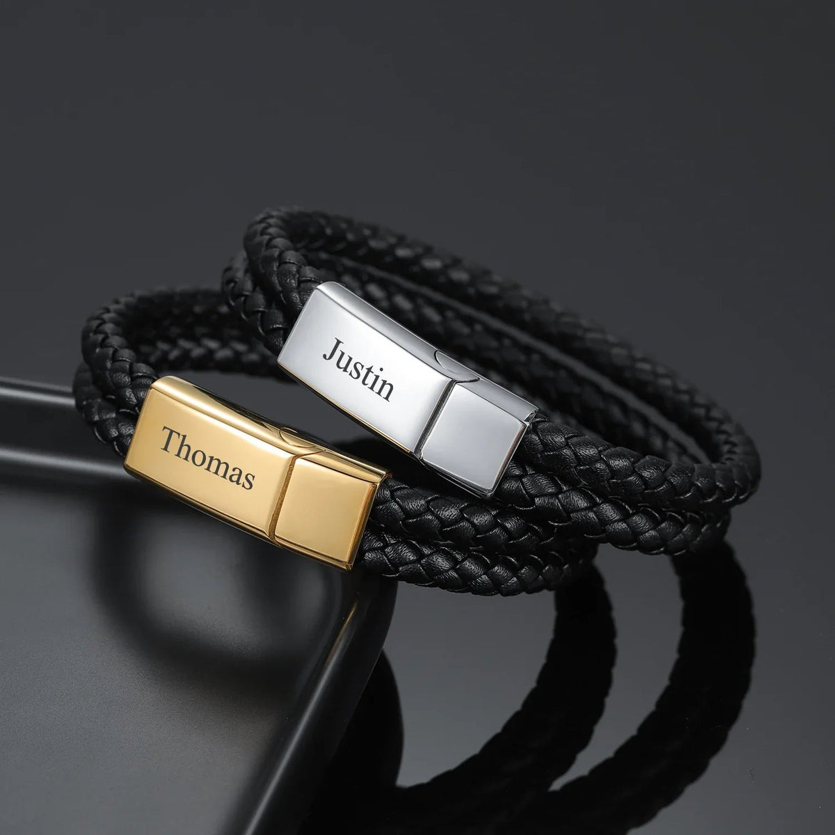Mens Engraved Leather Bracelet