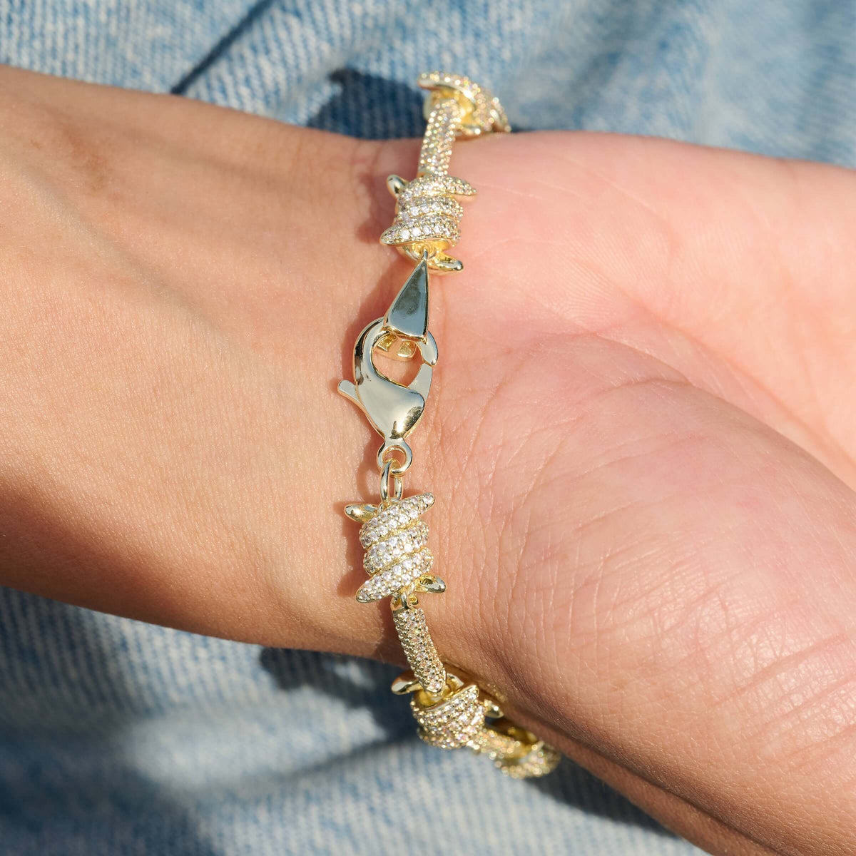 Iced Barbed Wire Bracelet in Yellow Gold