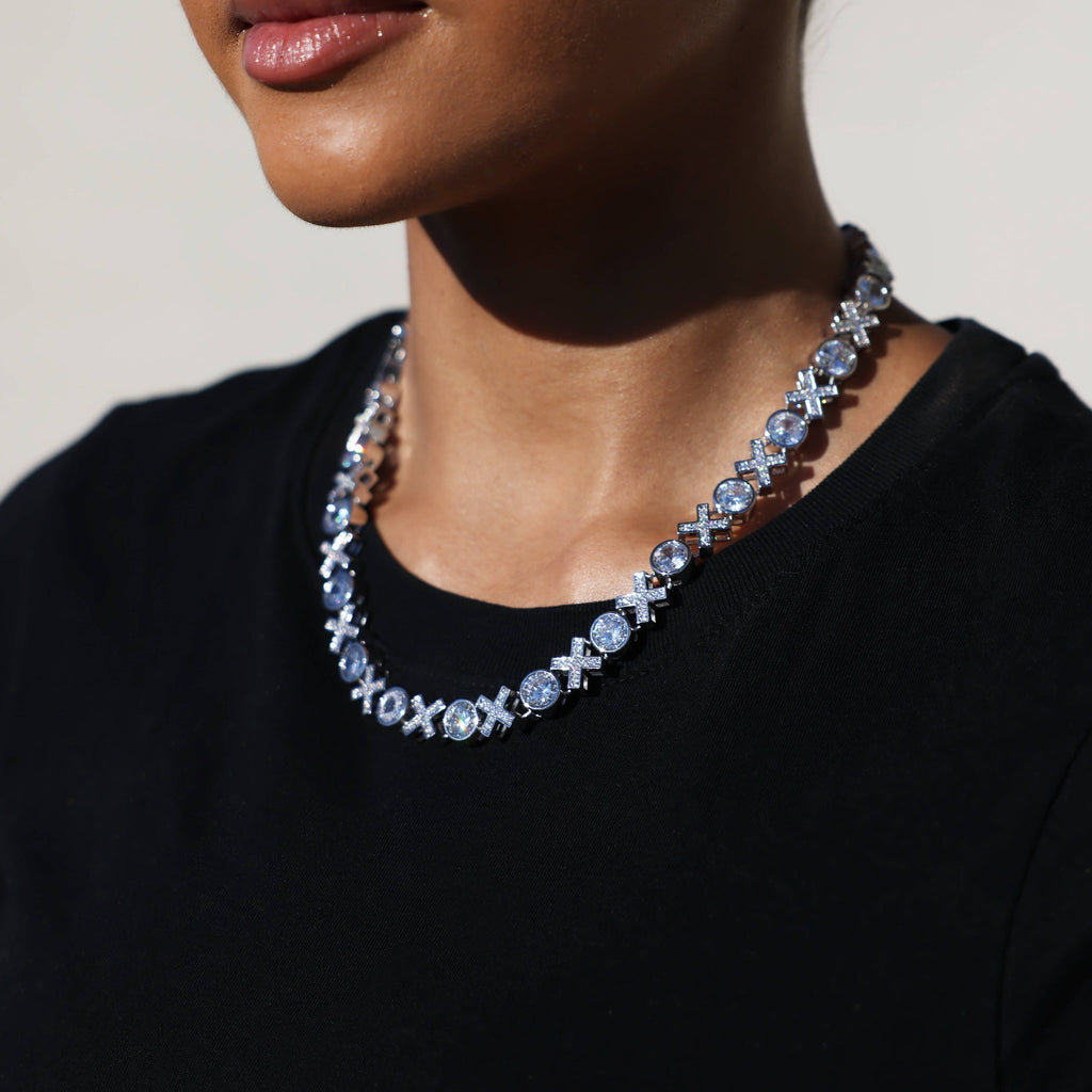Iced XOXO Tennis Chain Necklace in White Gold