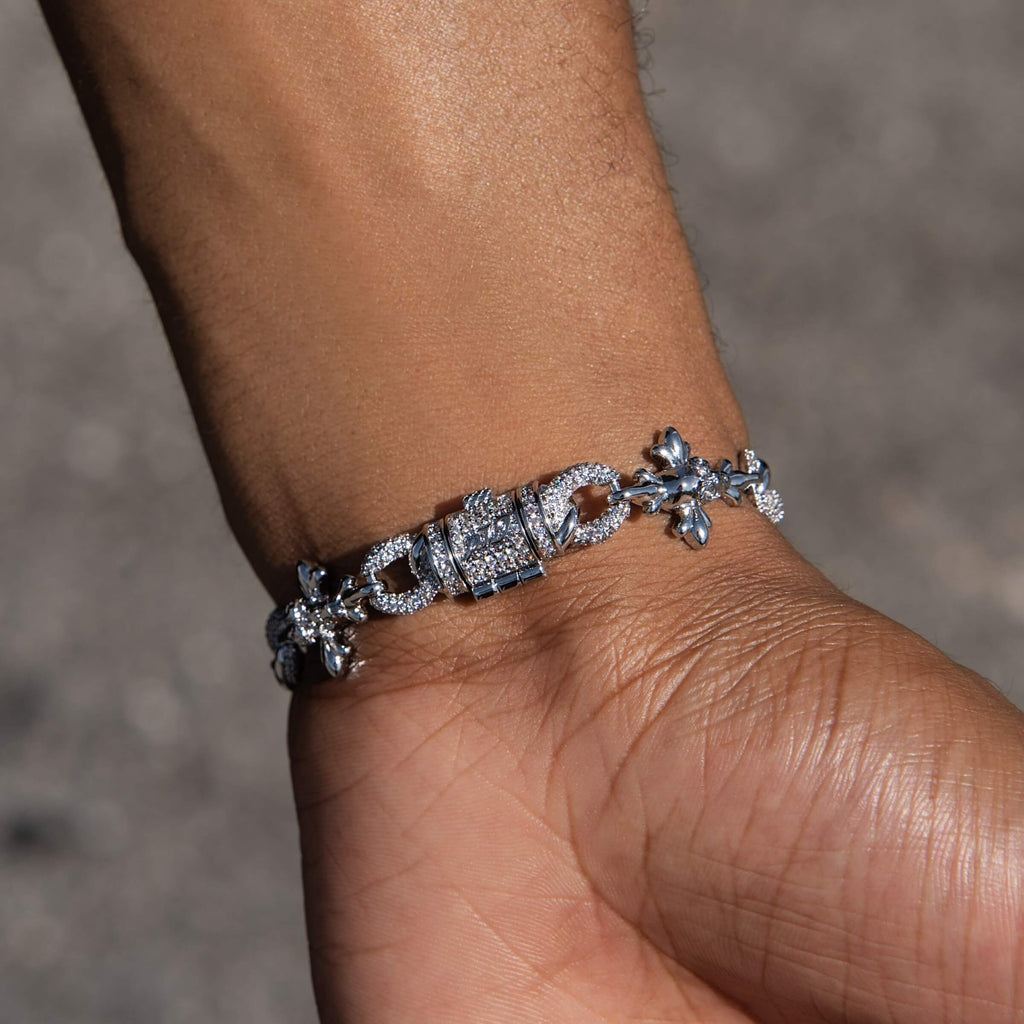 Iced Cruciform Flower Skull Cross Bracelet in White Gold