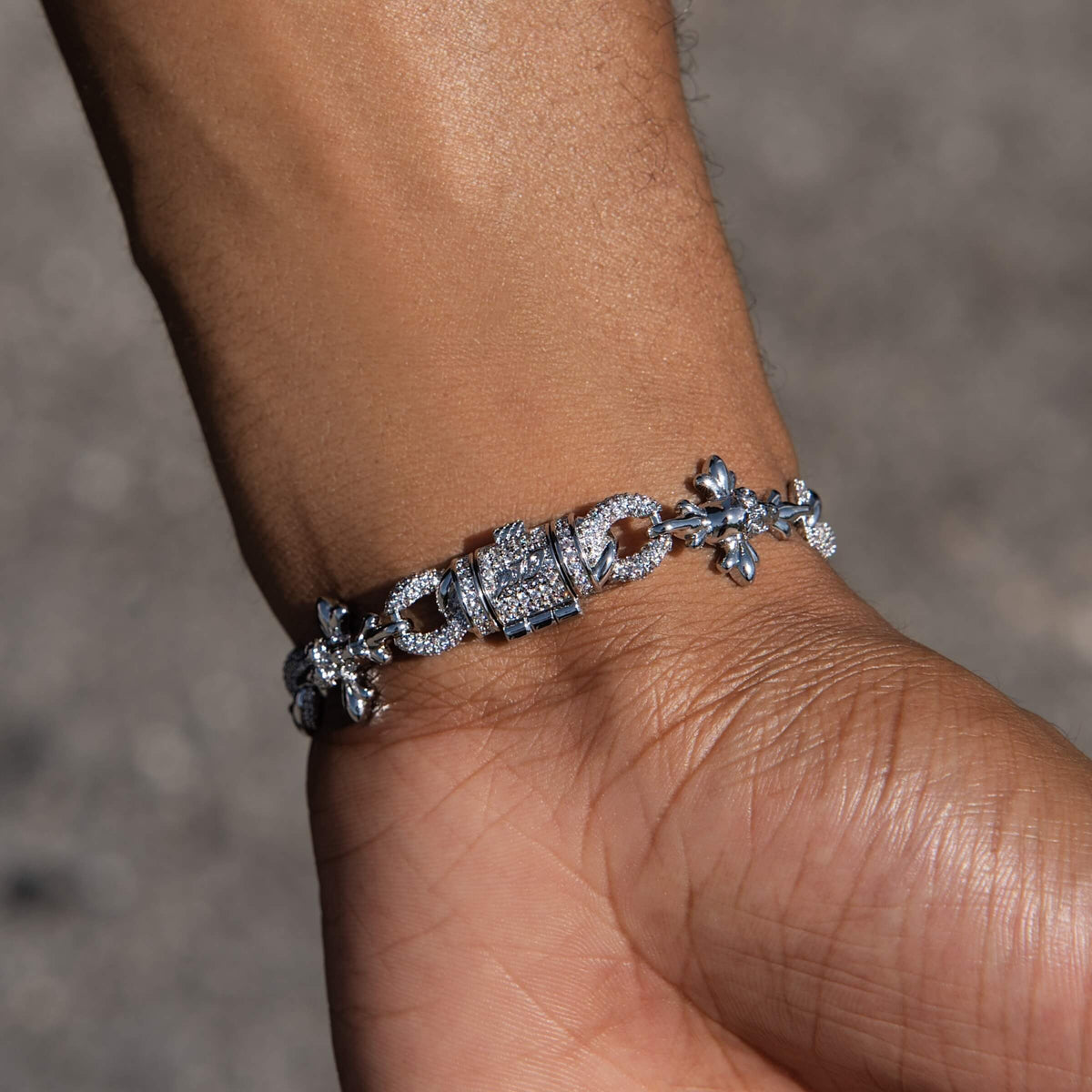 Iced Cruciform Flower Skull Cross Chain + Bracelet Bundle in White Gold
