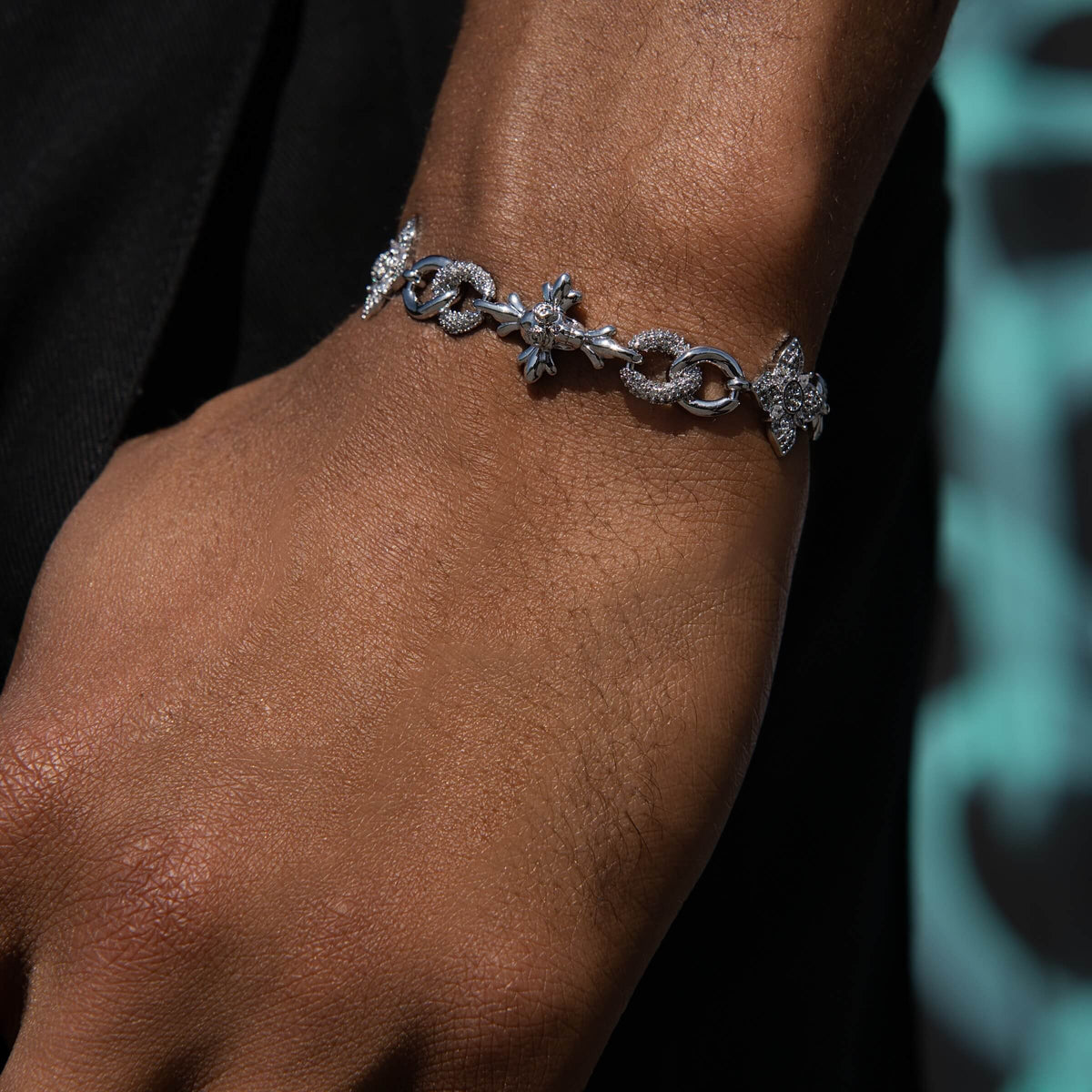 Iced Cruciform Flower Skull Cross Chain + Bracelet Bundle in White Gold