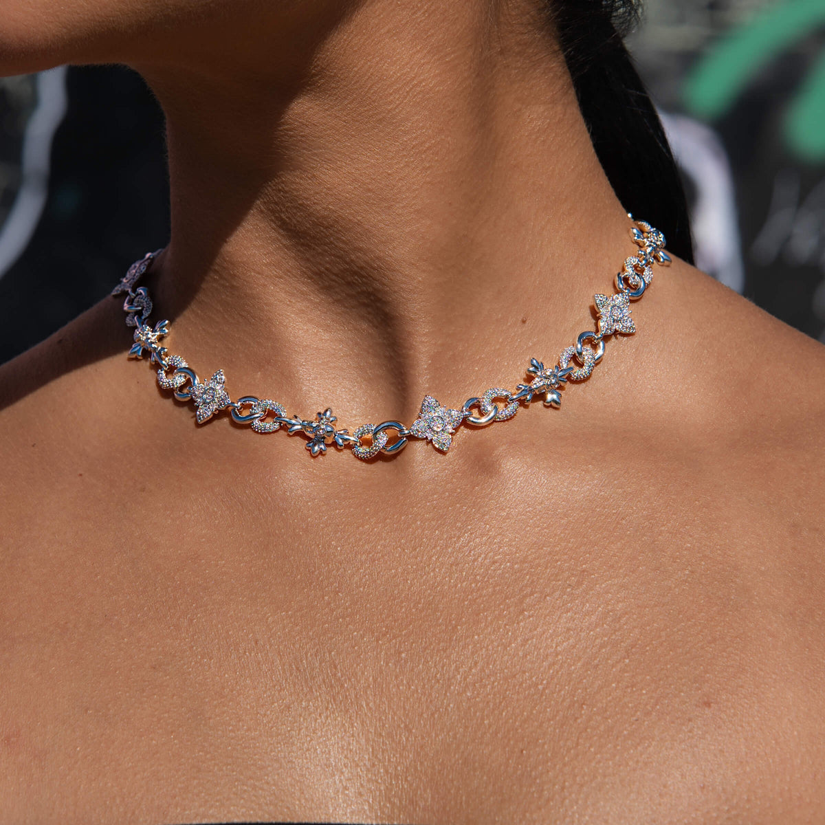 Iced Cruciform Flower Skull Cross Necklace in White Gold