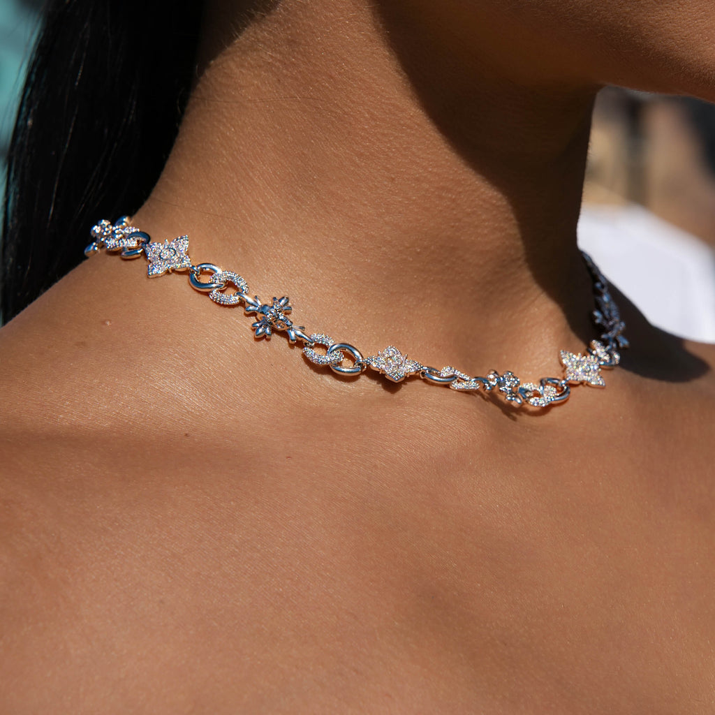Iced Cruciform Flower Skull Cross Necklace in White Gold