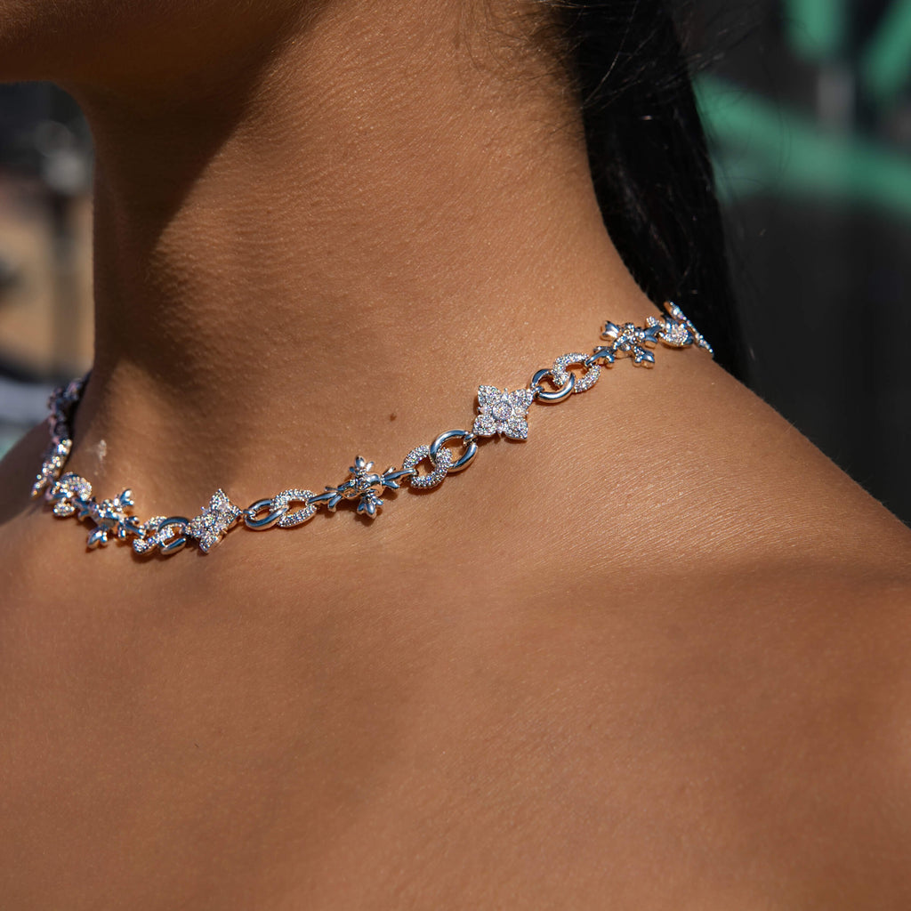 Iced Cruciform Flower Skull Cross Necklace in White Gold