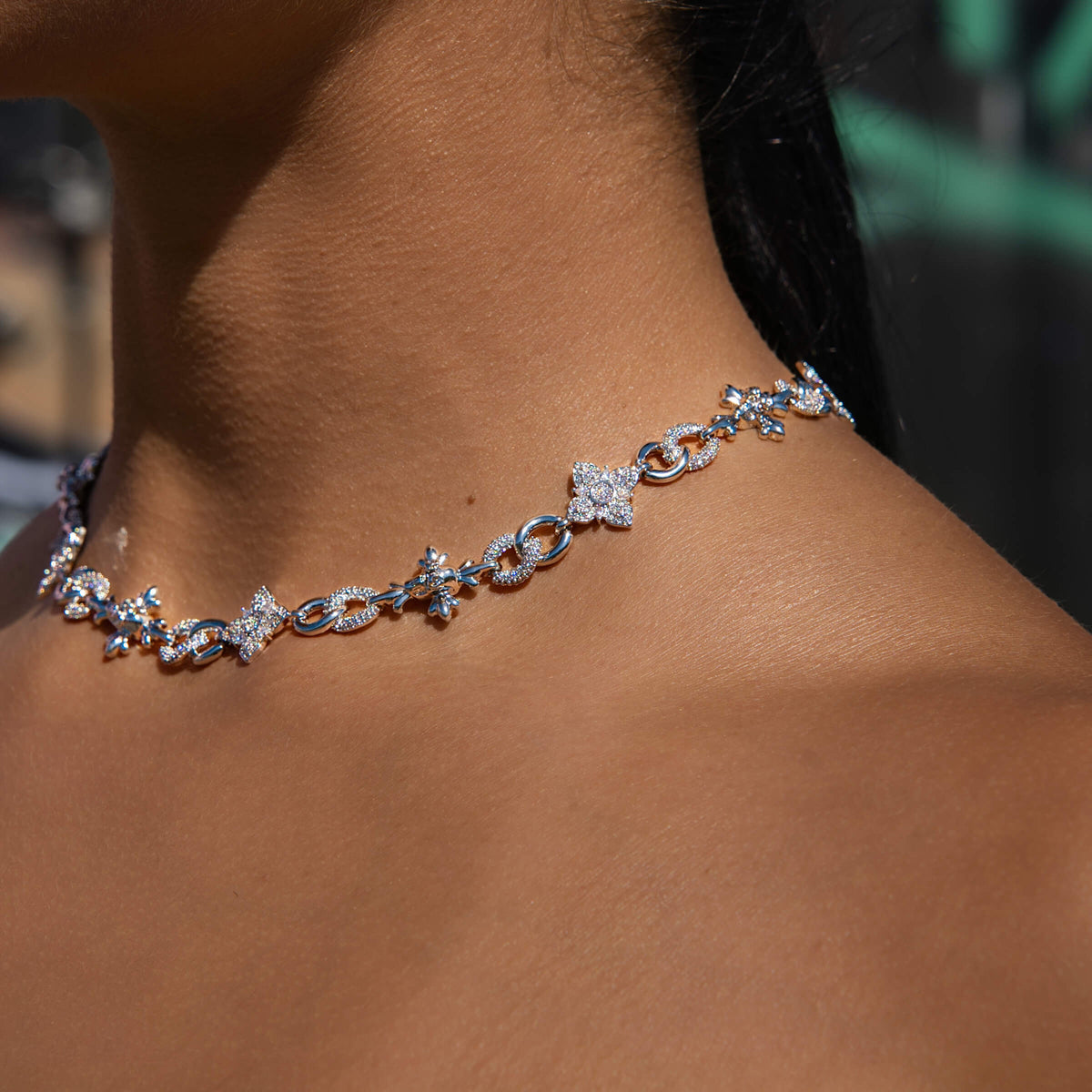 Iced Cruciform Flower Skull Cross Necklace in White Gold